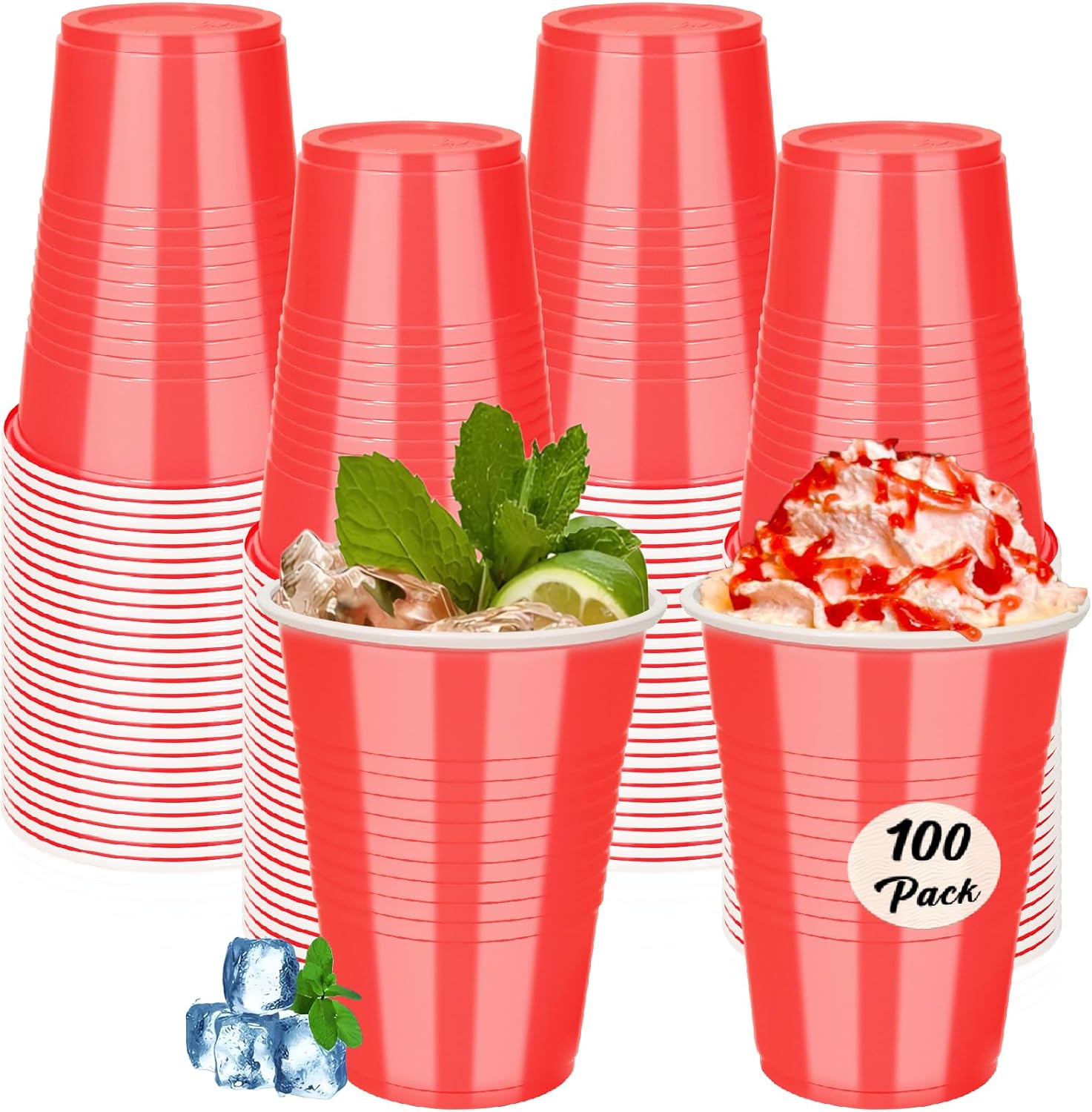 100PCS 16 oz Red Plastic Cups