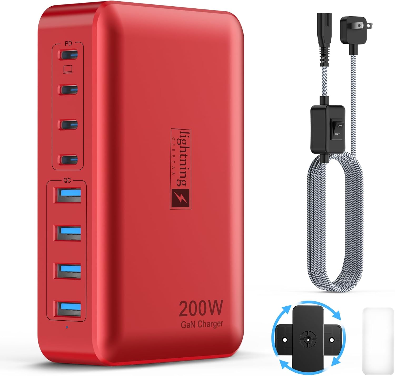 8-Port USB Charger Block 200W with Flat Plug