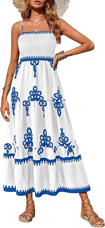  Casual Boho Sleeveless Spaghetti Strap Smocked Tiered Long Beach Sundresses