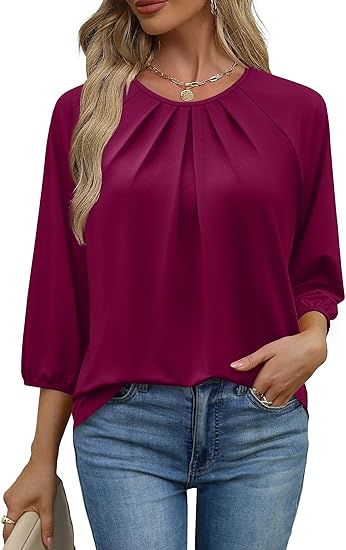 Womens Tops Pleated Front Crew Neck Blouses
